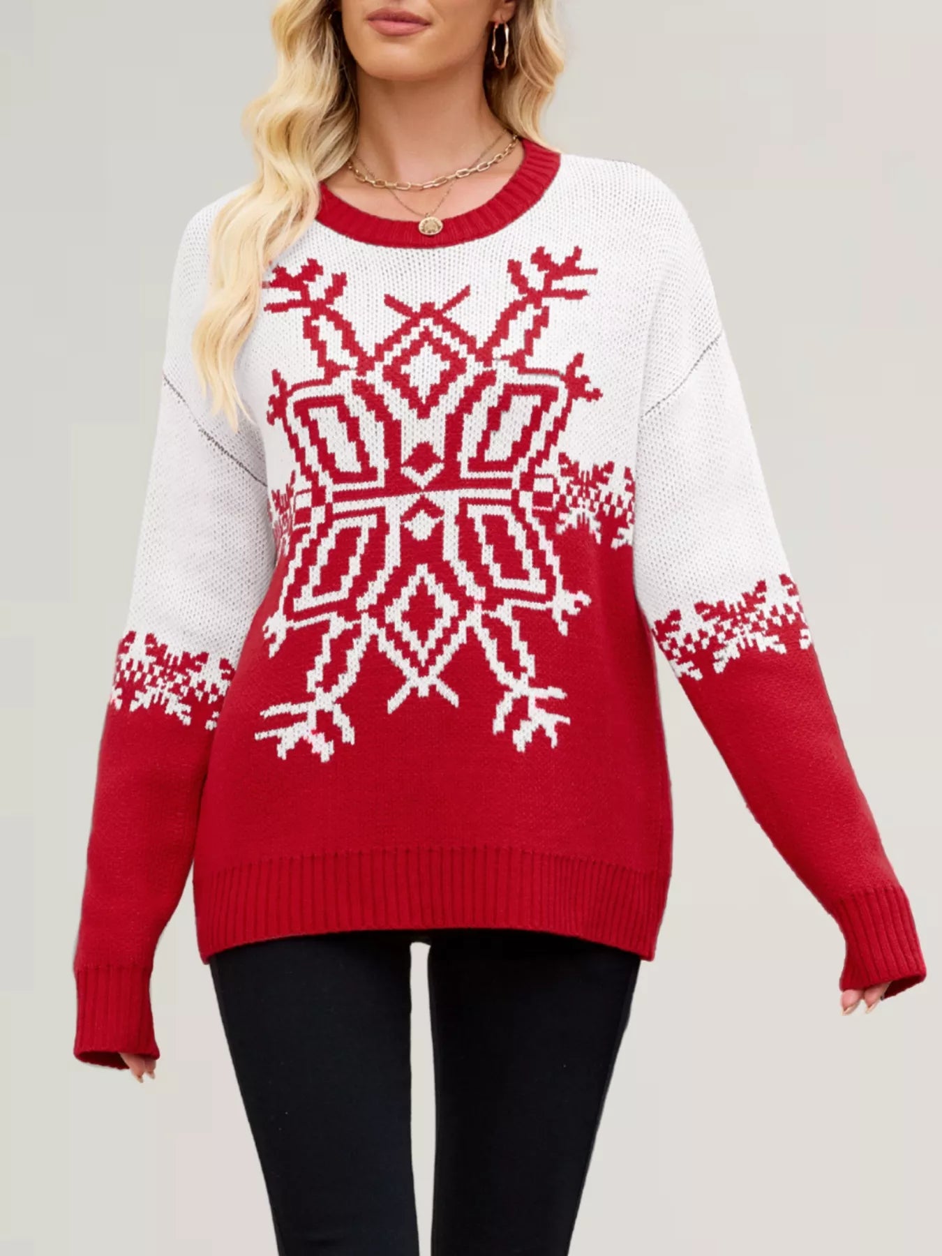Christmas Snowflake Round Neck Sweater OutfitFlow