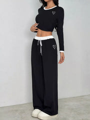 Contrast Trim Crop Top and Wide Leg Pants Set OutfitFlow
