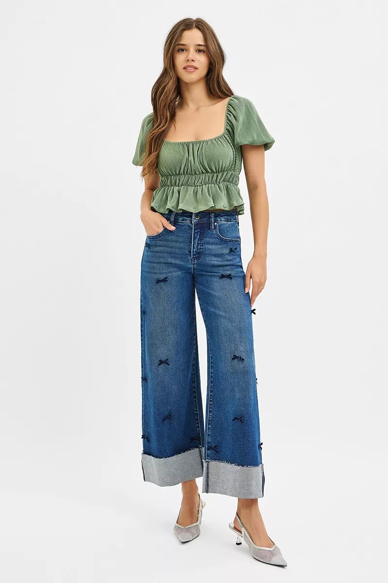 RISEN High Rise Crop Wide Leg Ribbon Detail Jeans OutfitFlow
