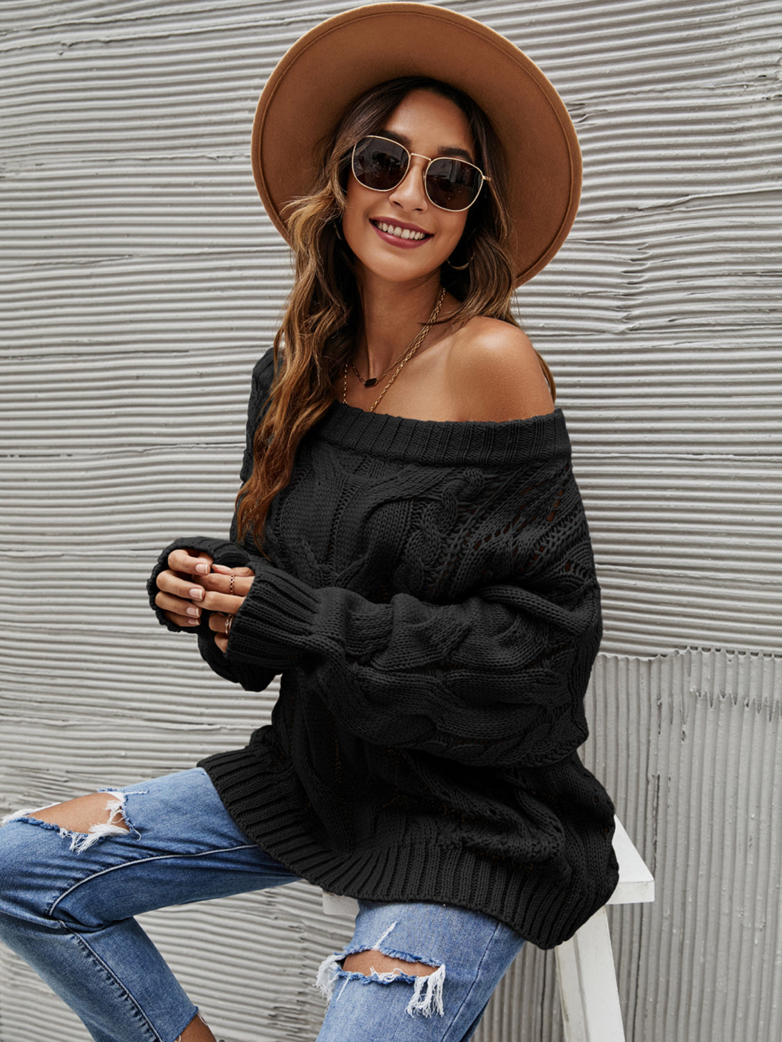 Outfit Flow - Cable Knit Openwork Off-Shoulder Sweater