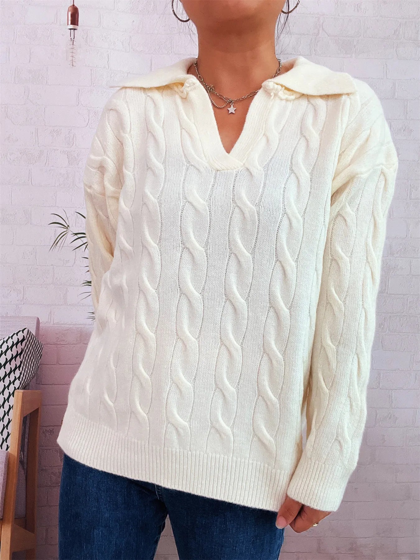 Cable Knit Johnny Collar Sweater Trendsi