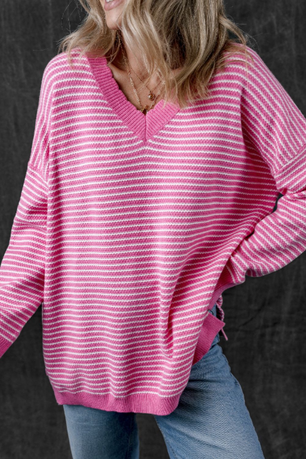 Outfit Flow - Striped V-Neck Dropped Shoulder Sweater