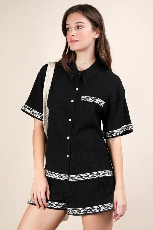 VERY J Crinkled Woven Shirt Top & Shorts Set OutfitFlow