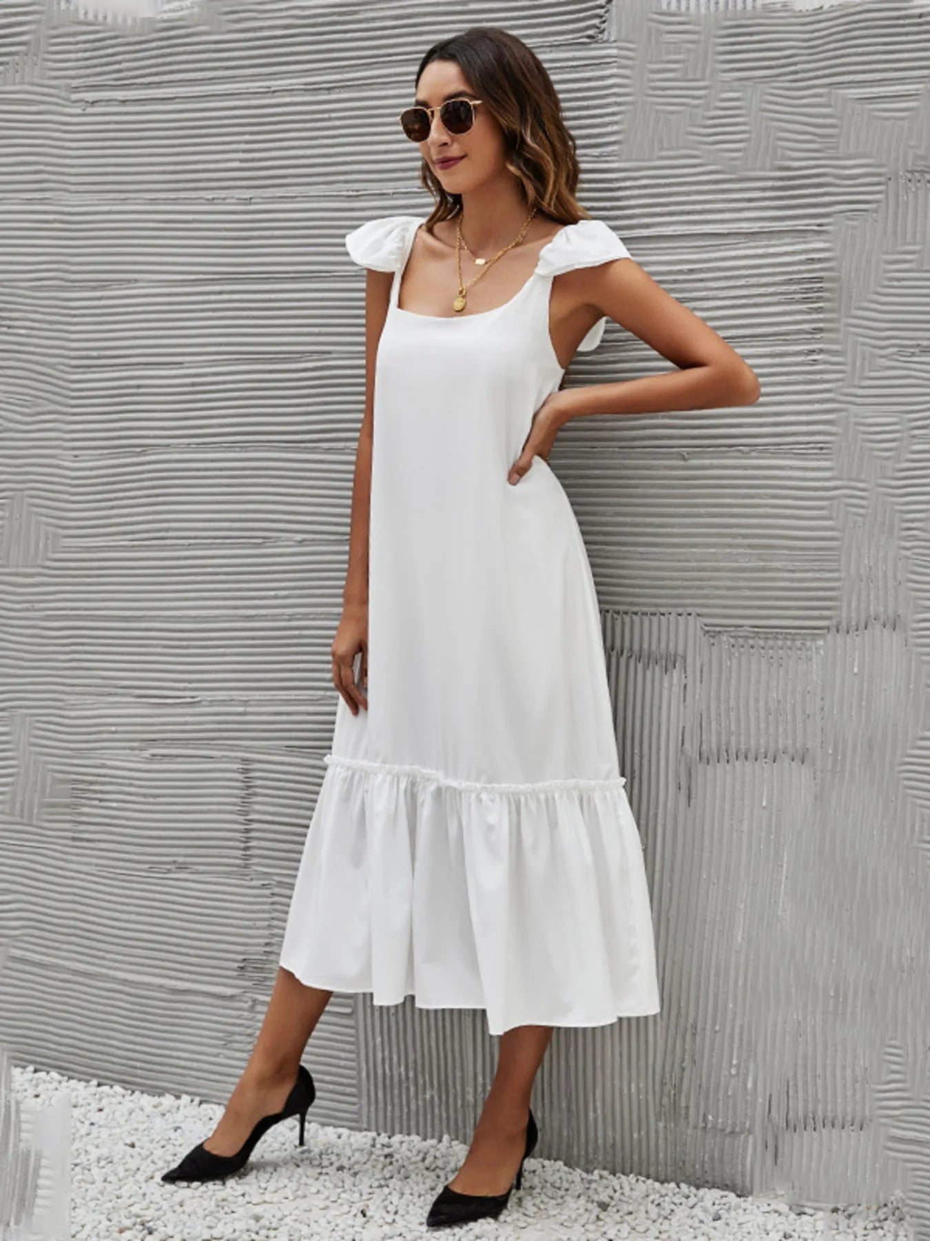 Full Size Ruffled Hem Midi Dress with Cap Sleeves Plus Size OutfitFlow