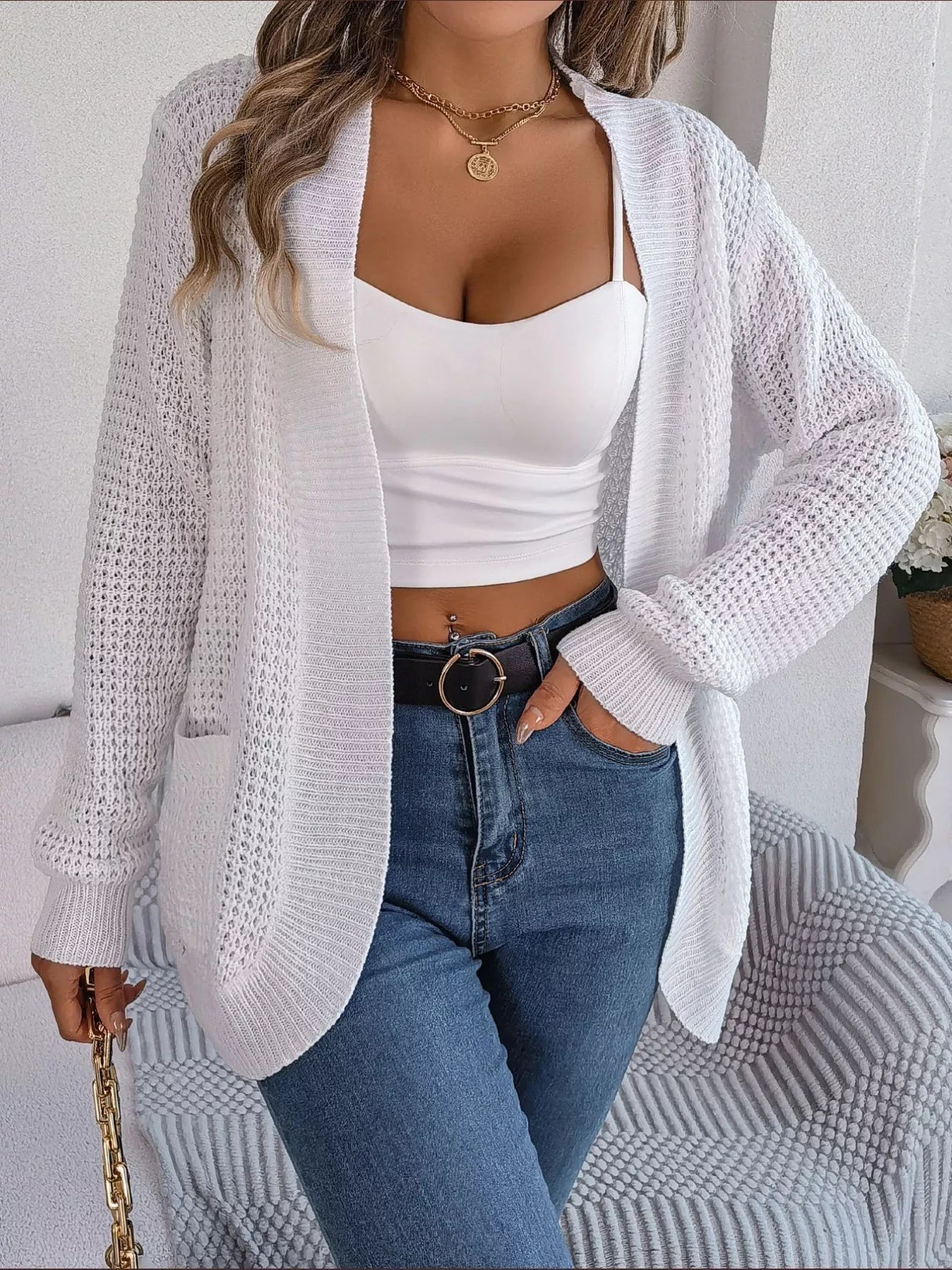 Chunky Knit Open Front Cardigan with Pockets OutfitFlow
