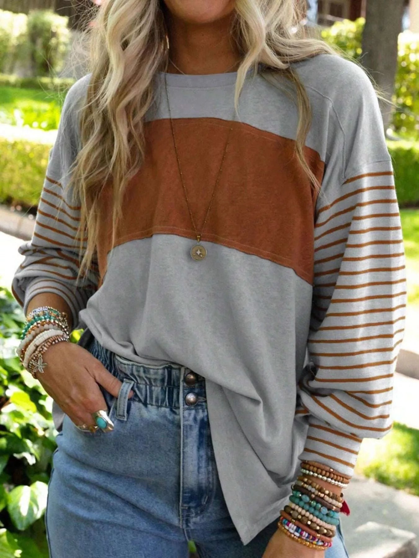 Striped Color Block Long Sleeve T-Shirt Gray OutfitFlow