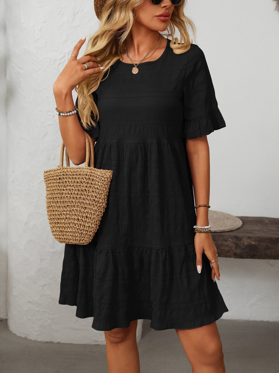 Outfit Flow - Mandy Ruffled Ruched Round Neck Half Sleeve Dress