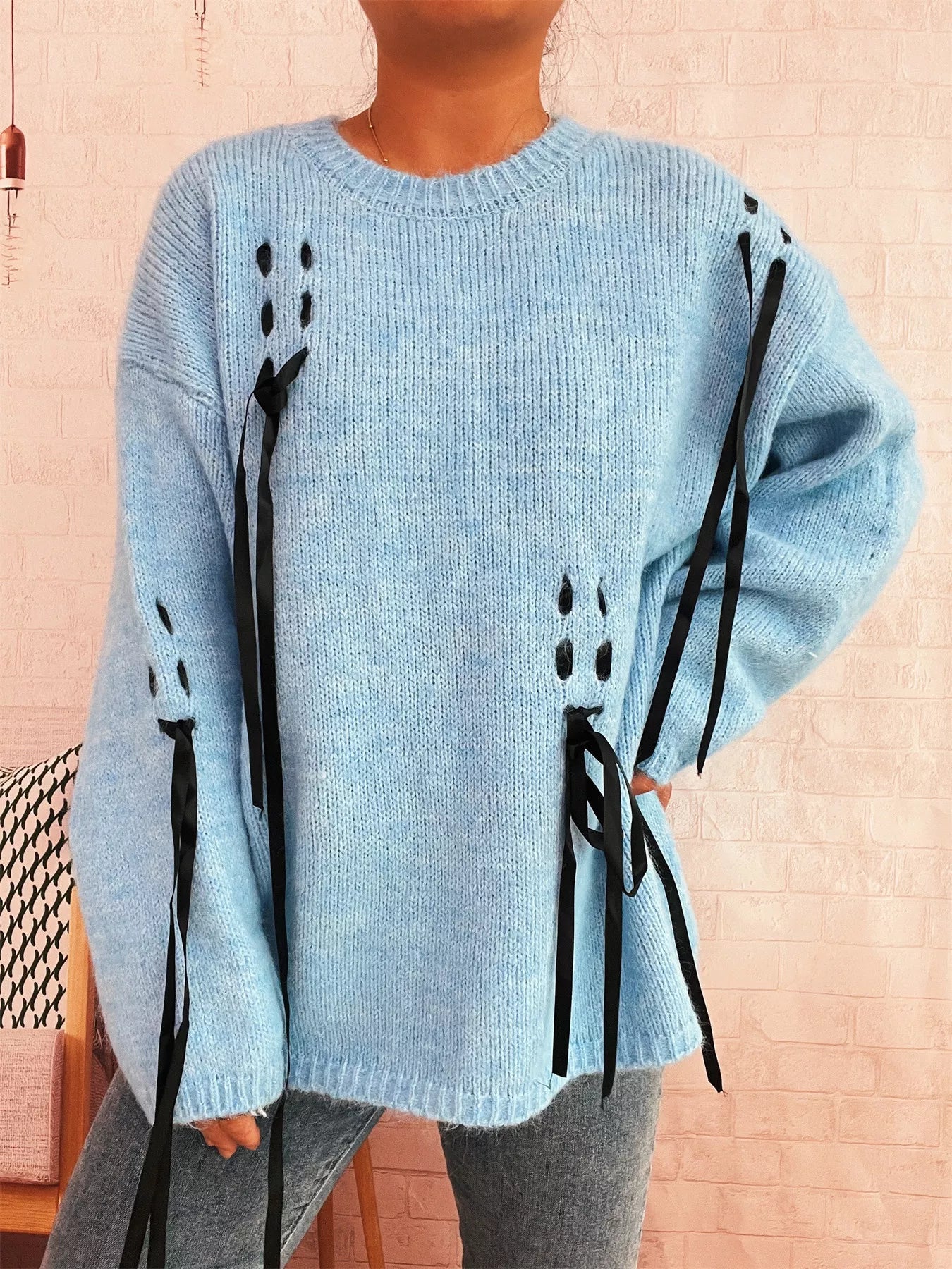 Round Neck Long Sleeve Sweater with Ribbon Details OutfitFlow