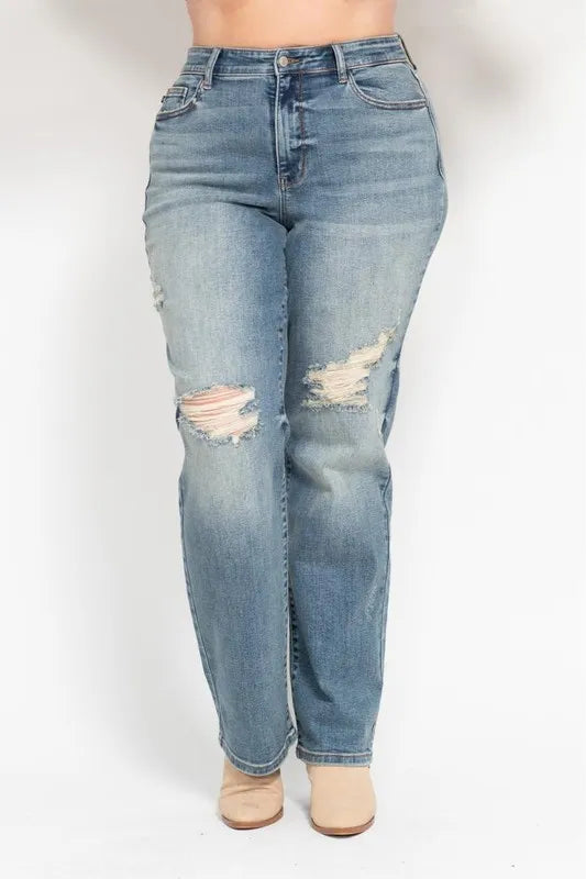 Judy Blue Full Size High Waist Distressed Dad Jean Plus Size OutfitFlow