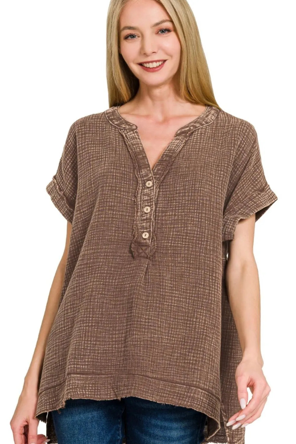 Zenana Washed Double Gauze 3/4 Button Henley Neck Shirt OutfitFlow