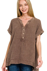 Zenana Washed Double Gauze 3/4 Button Henley Neck Shirt OutfitFlow