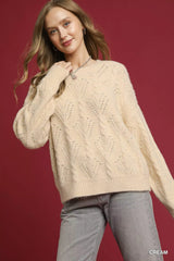 Umgee Pearl-Embellished Long Sleeve Sweater Cream Trendsi