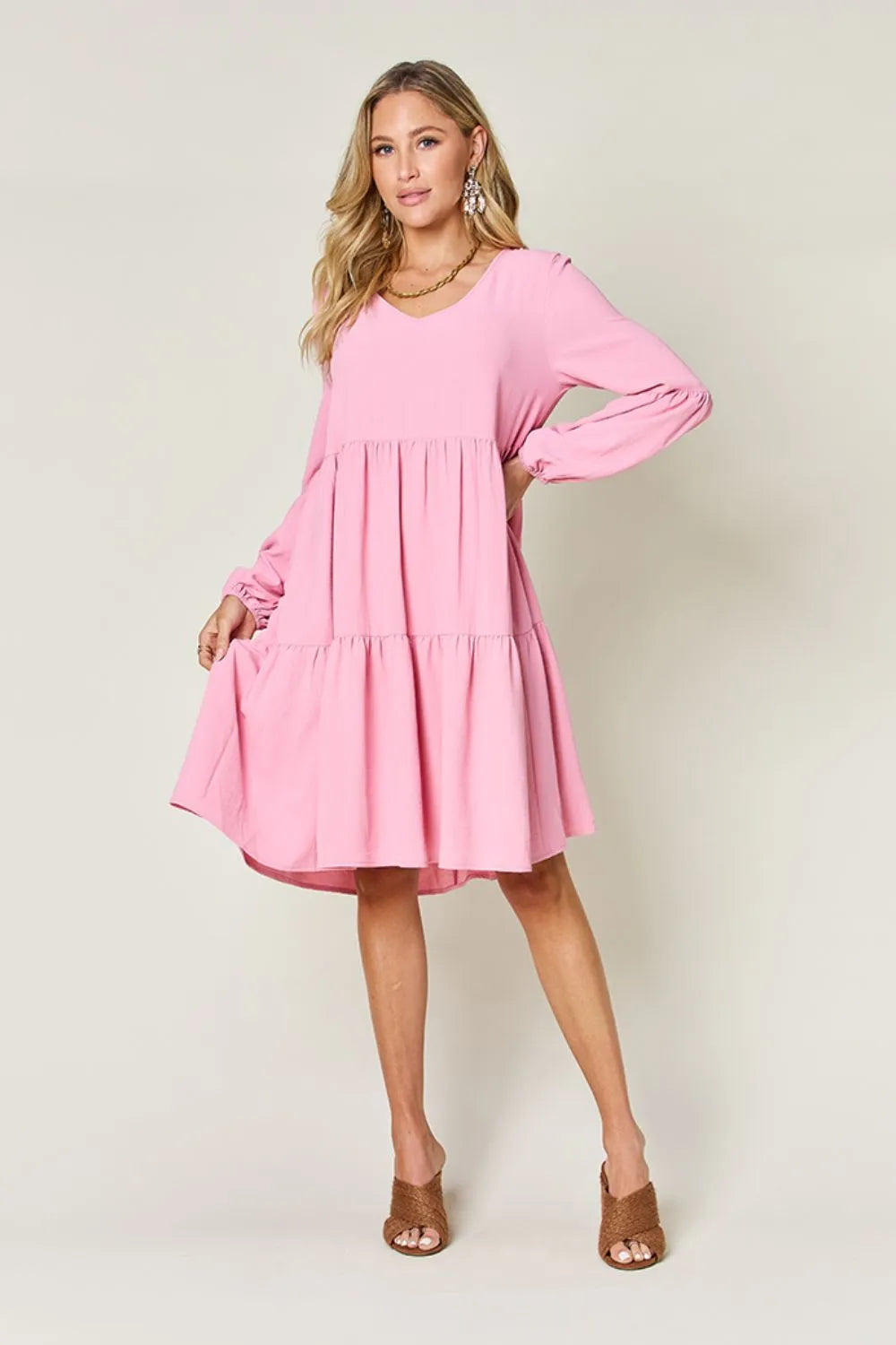 Double Take Full Size V-Neck Balloon Sleeve Tiered Dress with Pockets OutfitFlow