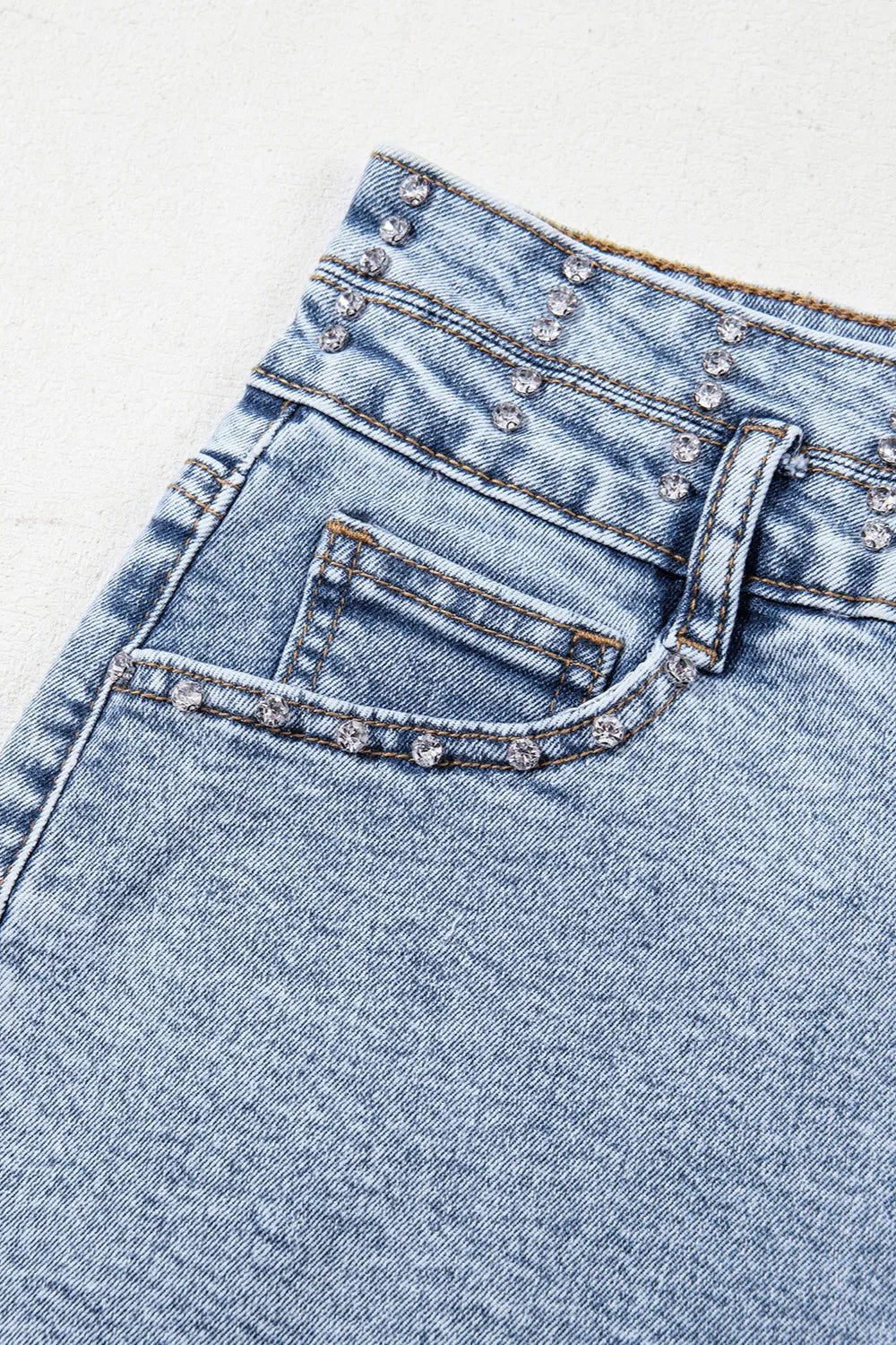 Rhinestone Light Wash Raw Hem High Waist Denim Shorts OutfitFlow