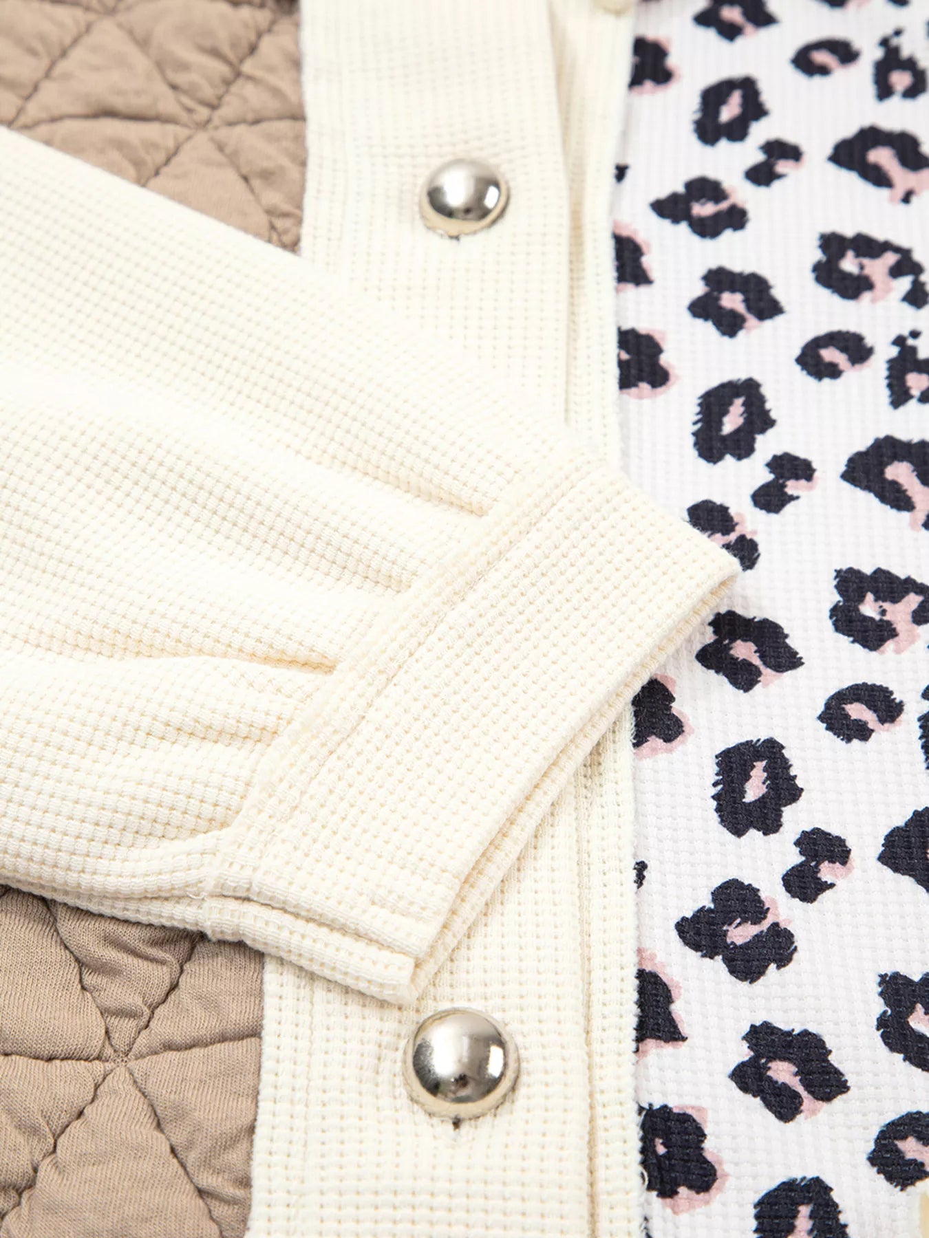 Leopard Waffle Quilted Patchwork Button Front Jacket OutfitFlow