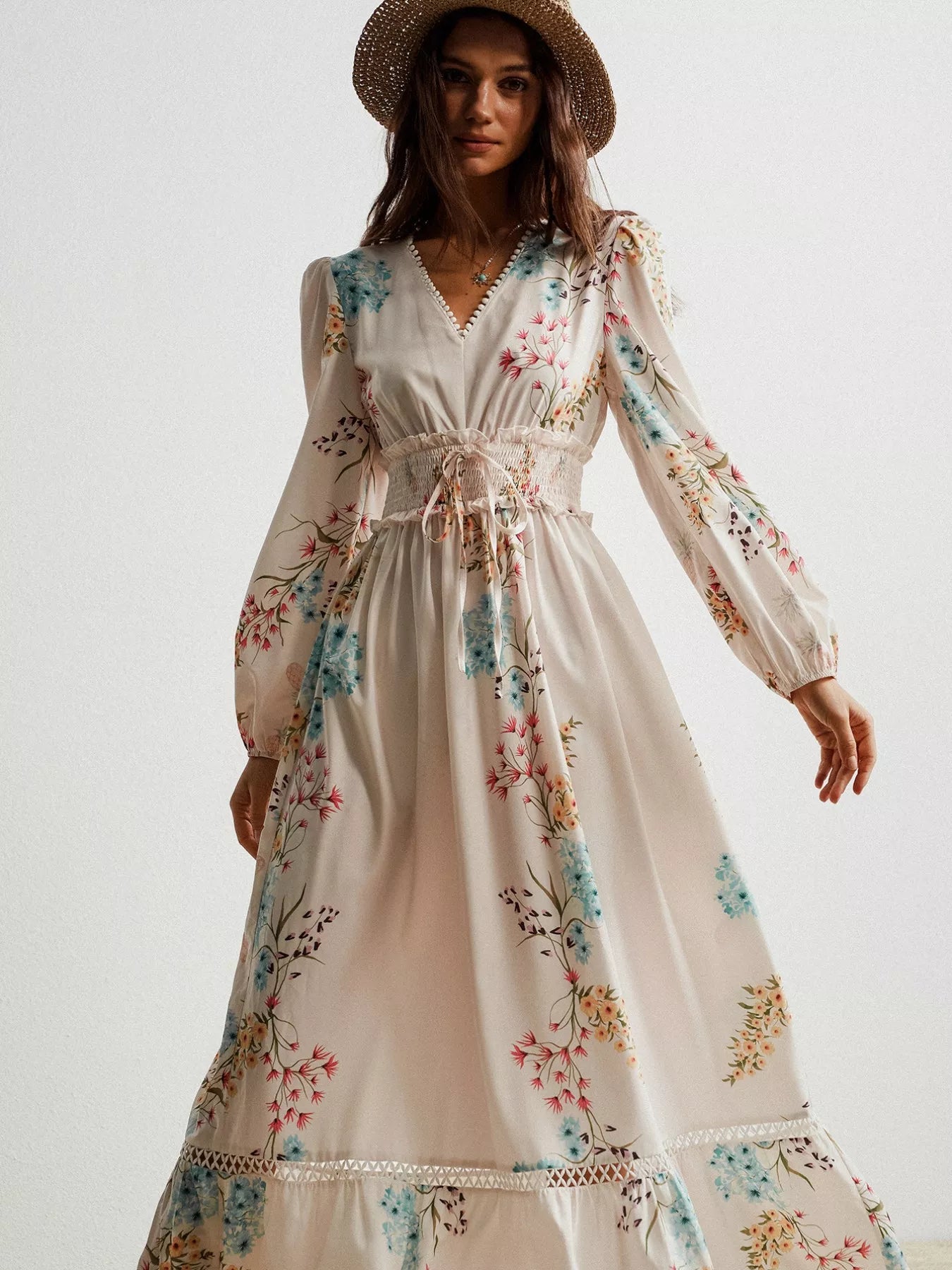 Floral Print Long Sleeve Maxi Dress with Smocked Waist OutfitFlow