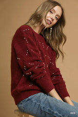 Umgee Pearl-Embellished Long Sleeve Sweater Trendsi