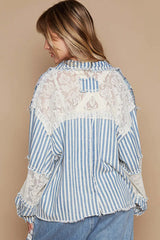 POL Printed Woven Mix Raw Hem Jacket with Lace Detail OutfitFlow