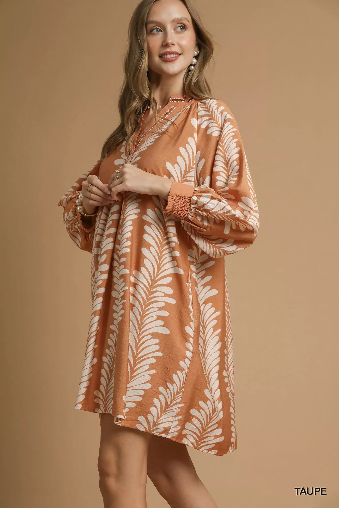Umgee Leaf Print Notched Mini Babydoll Dress OutfitFlow