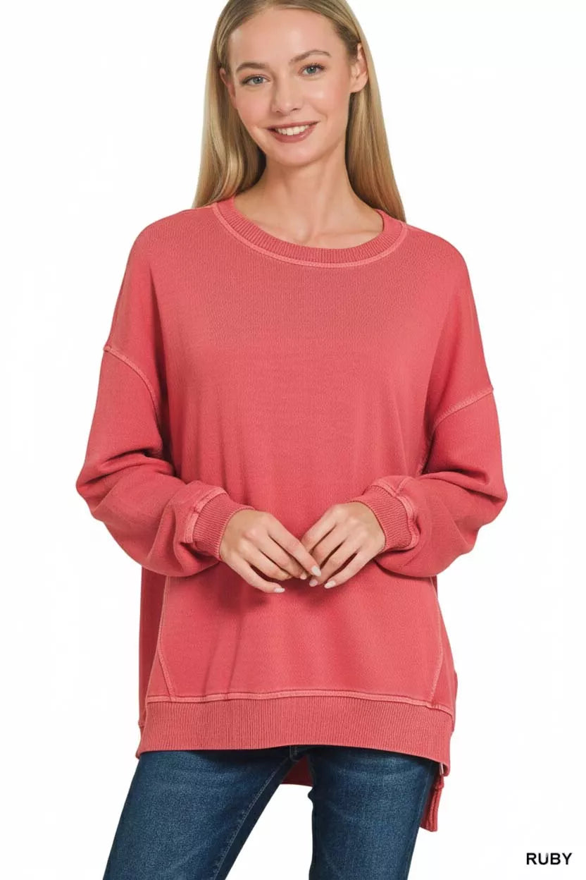 Zenana Full Size French Terry Pigment Dye & Enzyme Washing Pullover Plus Size OutfitFlow