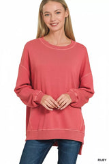 Zenana Full Size French Terry Pigment Dye & Enzyme Washing Pullover Plus Size OutfitFlow