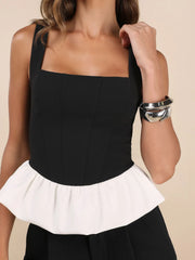 Contrast Ruffled Hem Square Neck Tank OutfitFlow