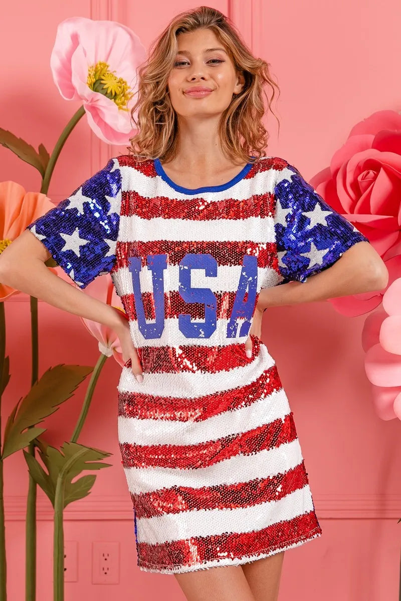BiBi American Flag Theme Usa Print Sequin Dress OutfitFlow