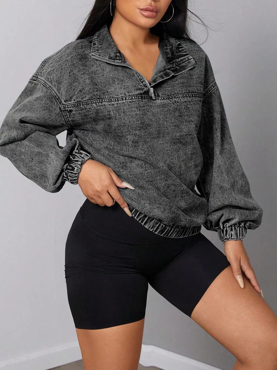 Elastic Hem Quarter Zip Denim Top OutfitFlow