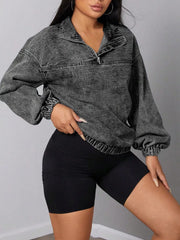 Elastic Hem Quarter Zip Denim Top OutfitFlow
