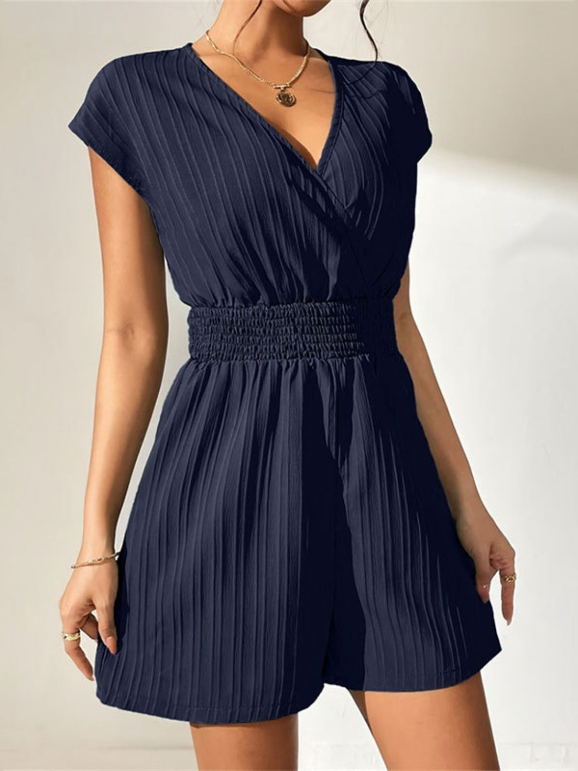 Tied Surplice Short Sleeve Romper Navy OutfitFlow
