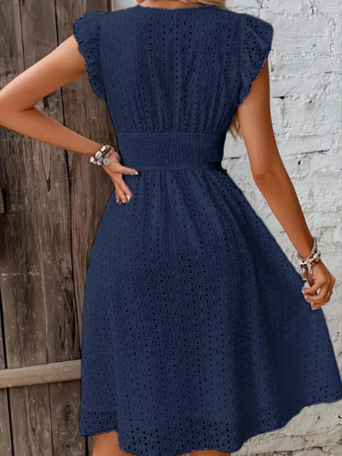 Eyelet Ruffled Cap Sleeve Mini Dress OutfitFlow