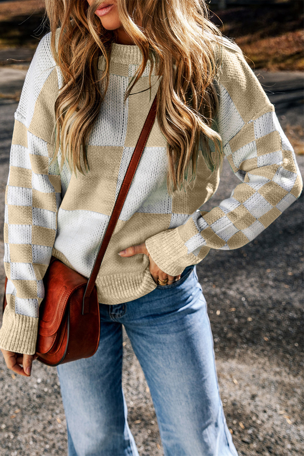 Outfit Flow - Checkered Round Neck Drop Shoulder Sweater