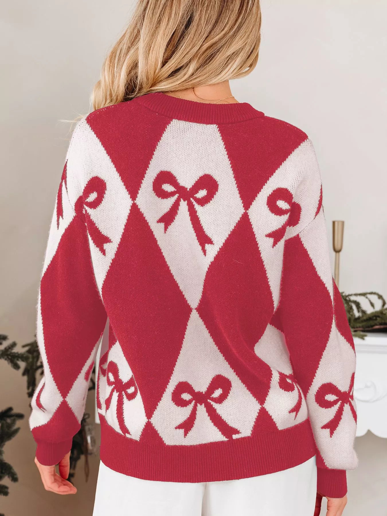 Bow Print 2-Tone Rhombus Knit Loose Sweater Trendsi