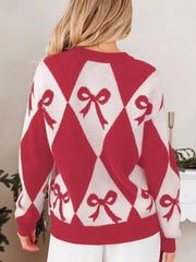 Bow Print 2-Tone Rhombus Knit Loose Sweater Trendsi