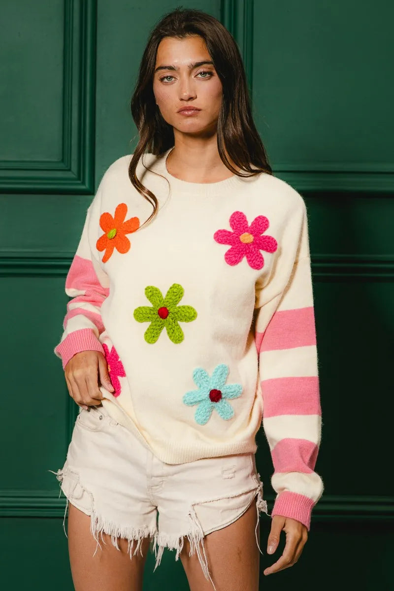 BiBi Colorful Floral Patched Sweater with Striped Sleeve OutfitFlow
