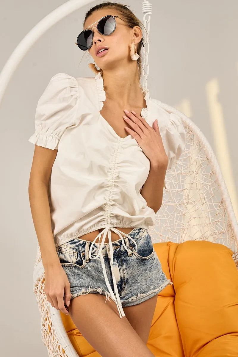 BiBi Ruffled Square Neck With Front Ruched Puff Sleeve OutfitFlow