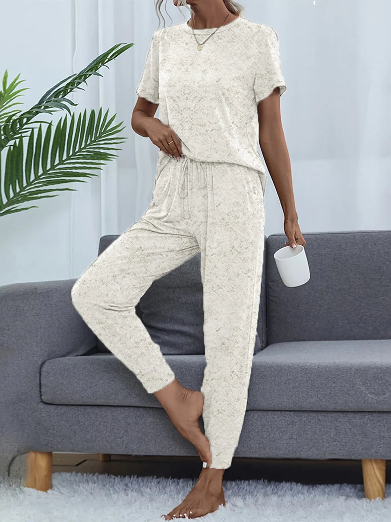 Round Neck Short Sleeve Top and Pants Lounge Set OutfitFlow