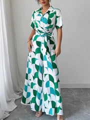 Printed Wide Leg Belted Jumpsuit Turquoise OutfitFlow