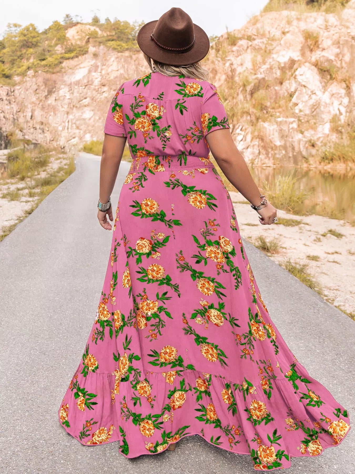 Plus Size Floral V-Neck Short Sleeve Maxi Dress OutfitFlow