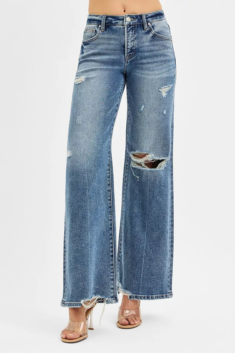 RISEN Tummy Control Mid Rise Fit Wide Jeans OutfitFlow