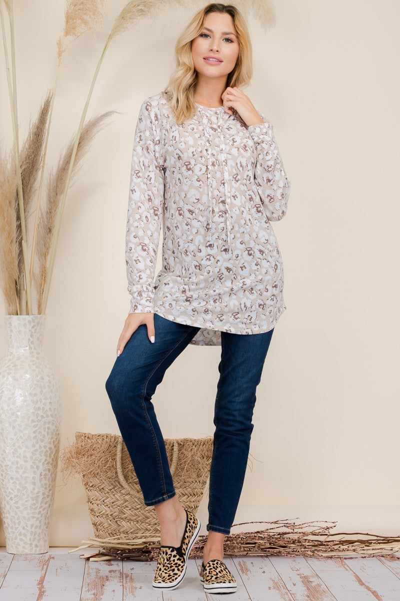 Outfit Flow - Celeste Full Size Drawstring Leopard Long Sleeve Hooded Blouse