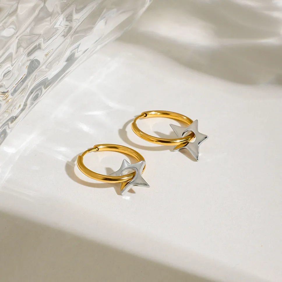 Two-Tone Stainless Steel Star Hoop Earrings OutfitFlow