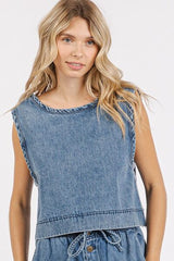 Mittoshop Washed Denim Distressed Detail Crop Tank OutfitFlow