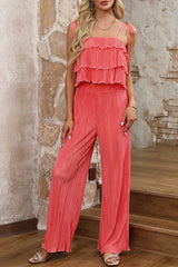 Outfit Flow - Layered Tie Shoulder Top and Wide Leg Pants Set