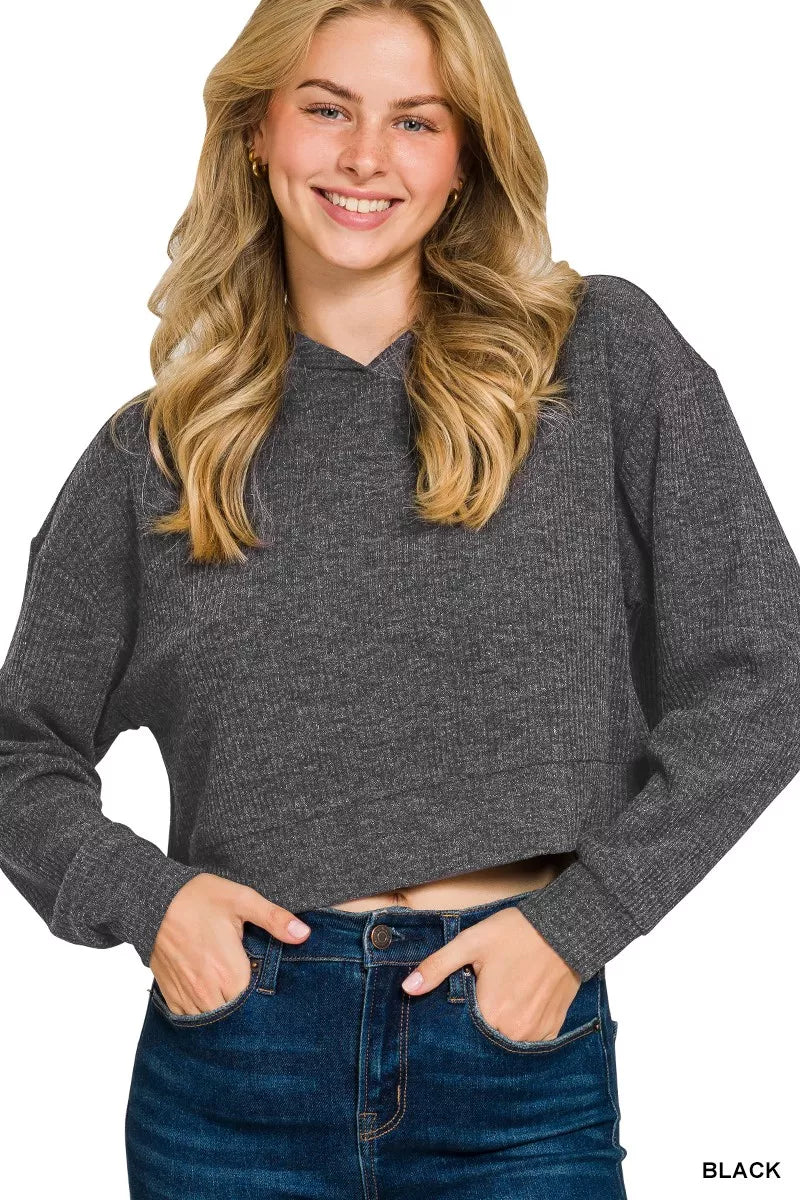 Zenana Drop Shoulder Ribbed Crop Hoodie BLACK OutfitFlow
