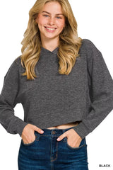 Zenana Drop Shoulder Ribbed Crop Hoodie BLACK OutfitFlow