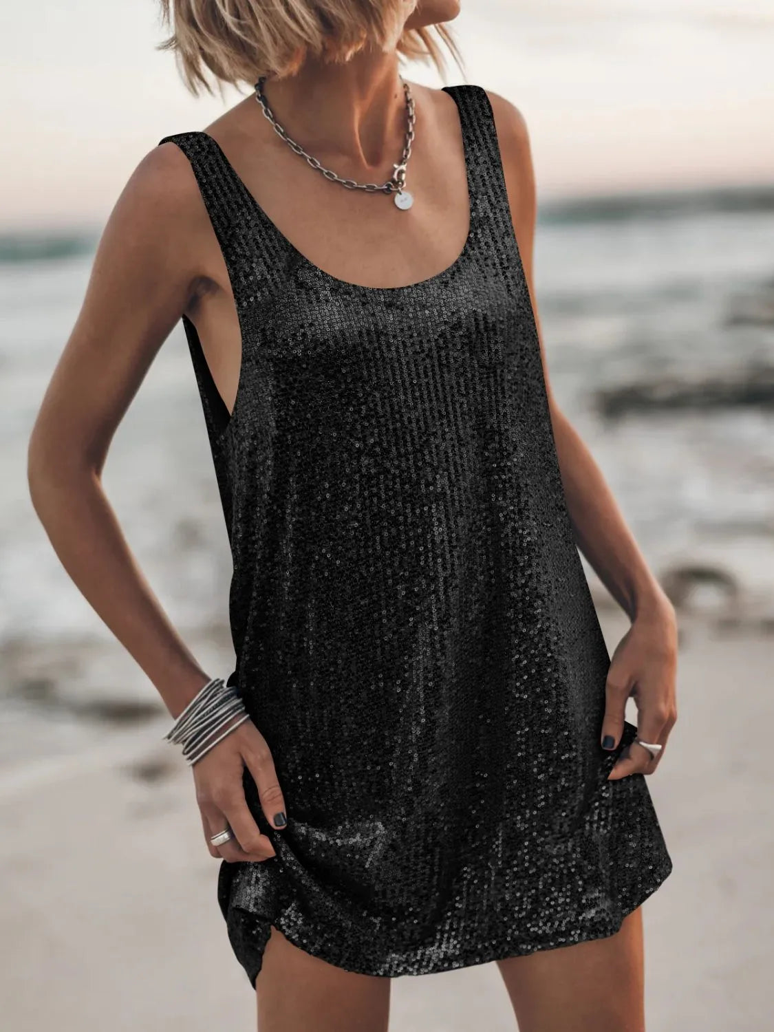Sequin Scoop Neck Mini Dress OutfitFlow