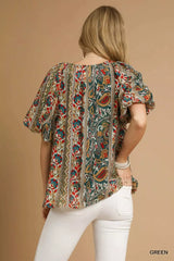 Umgee Boho Floral Stripe Puff Sleeve Blouse OutfitFlow