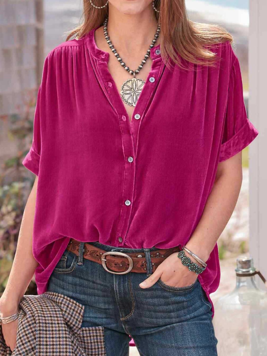Ruched Round Neck Short Sleeve Shirt Cerise OutfitFlow