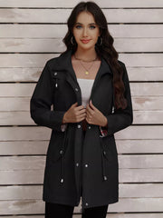 Drawstring Snap-Down Trench Coat Black OutfitFlow